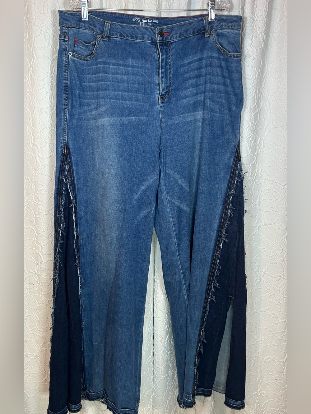 Peace Love World Two-Tone Blue Flared Jeans with Frayed Side Panels 18WT